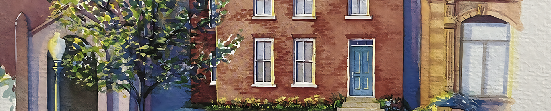 Watercolor illustration of a brick building with a blue door.